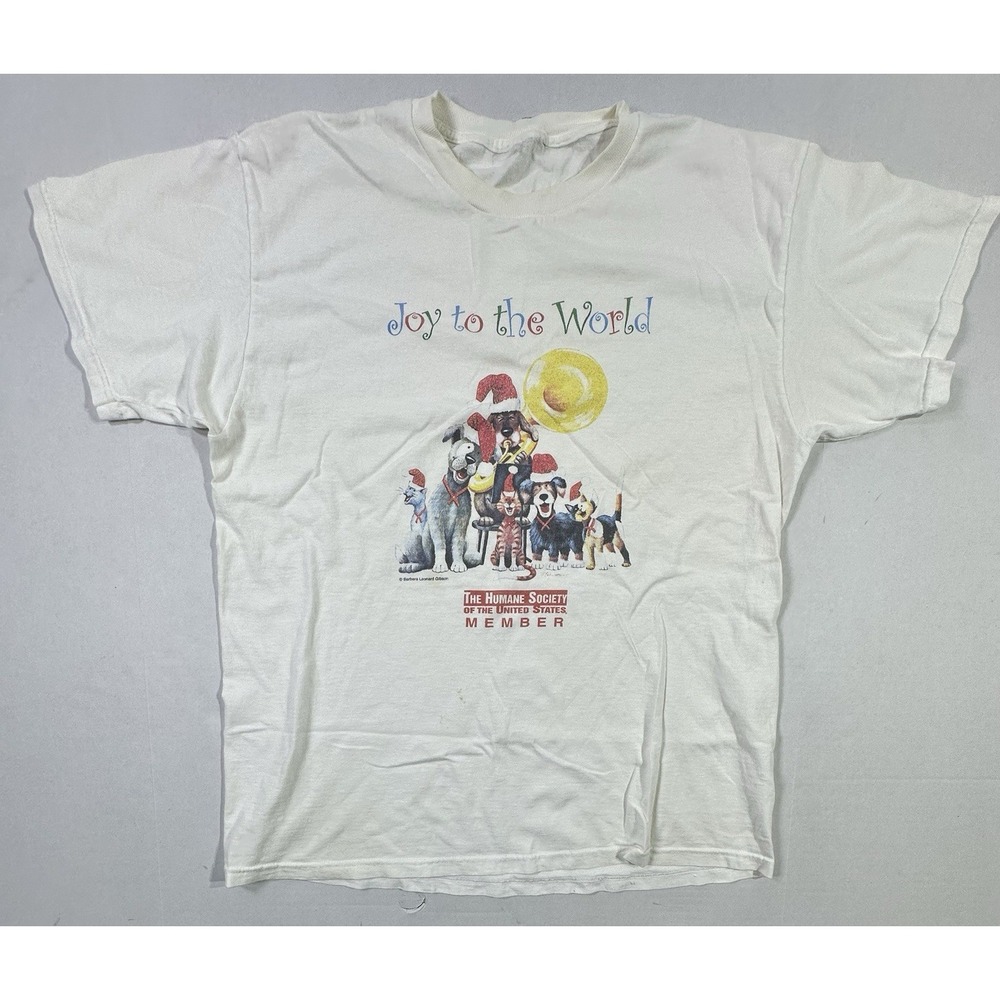 Vintage Humane Society‎ Joy To The World Dog Cat Christmas Shirt White M USA